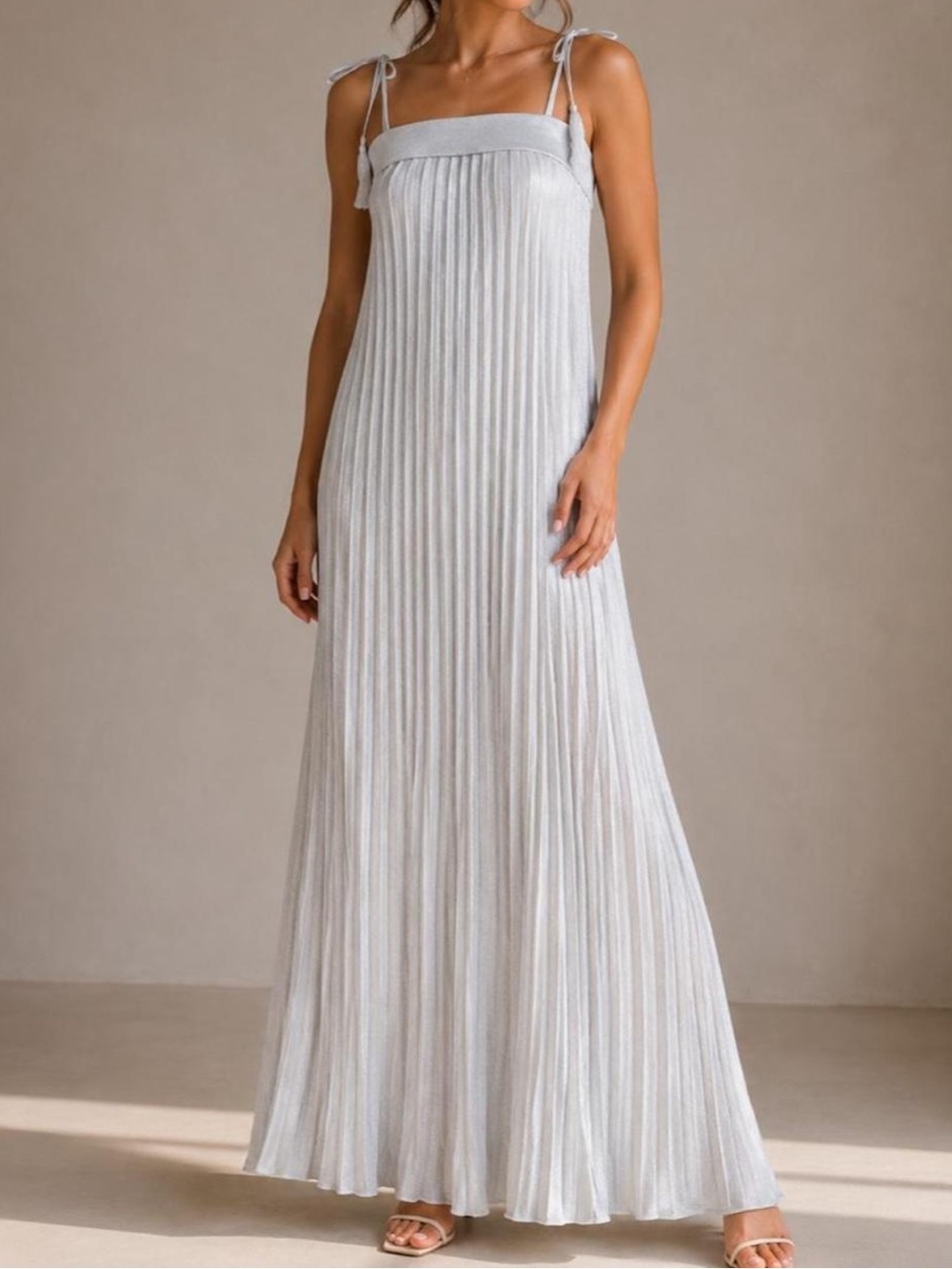 Pleated Tie-Shoulder Maxi Dress in Light Gray